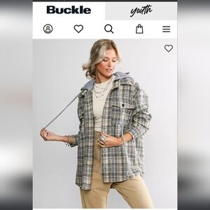 buckle Hooded Plaid Tweed Jacket